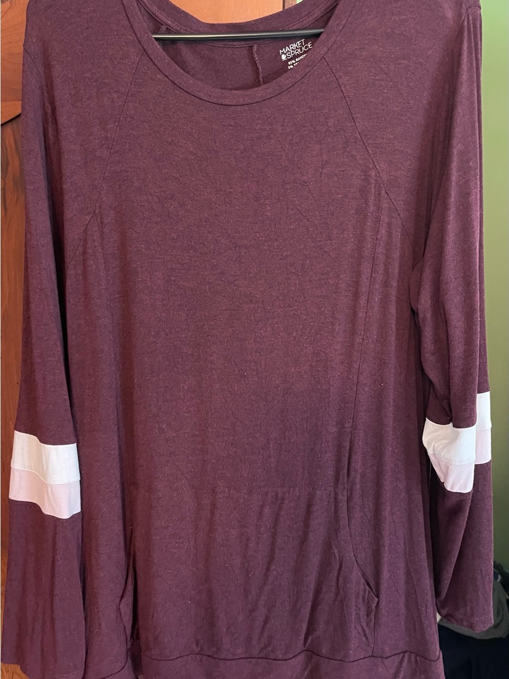 Market & Spruce Long Sleeve Pullover in Plum with White Sleeve Stripe